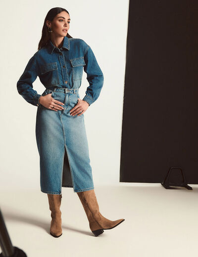 Jupe midi droite en jean denim stone femme