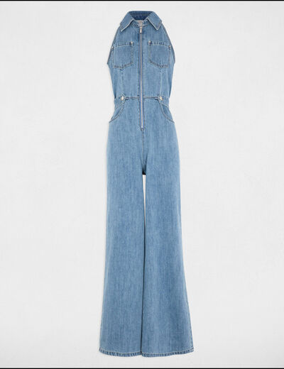 Combinaison longue en jean denim bleach femme
