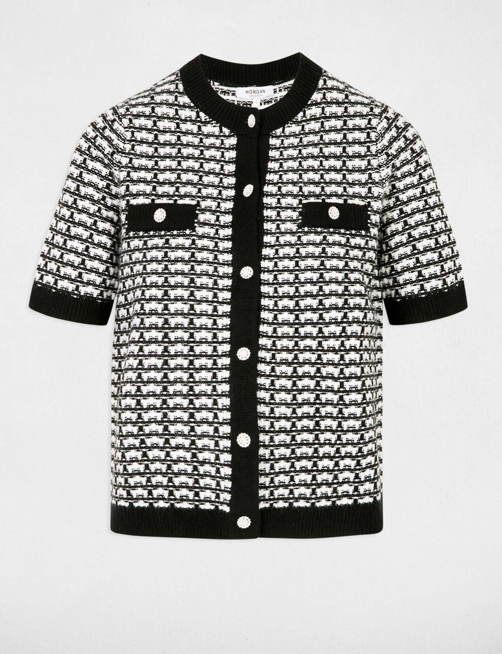 Kurz&auml;rmelige, bedruckte Strickjacke schwarz damen