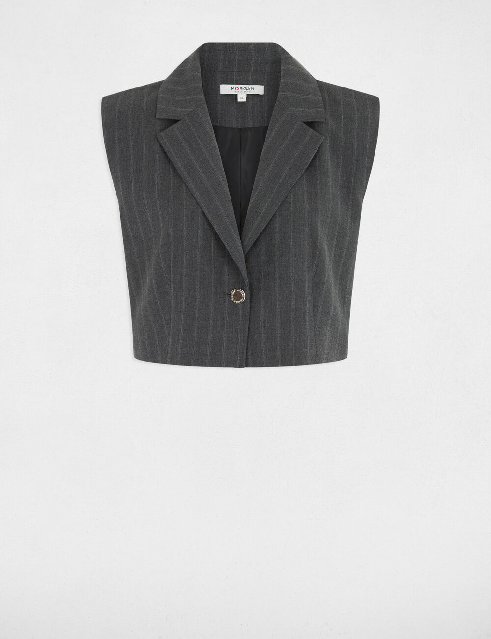 Gilet ray&eacute; sans manches denim gris fonce femme