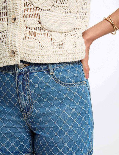 Short taille haute en jean denim stone femme