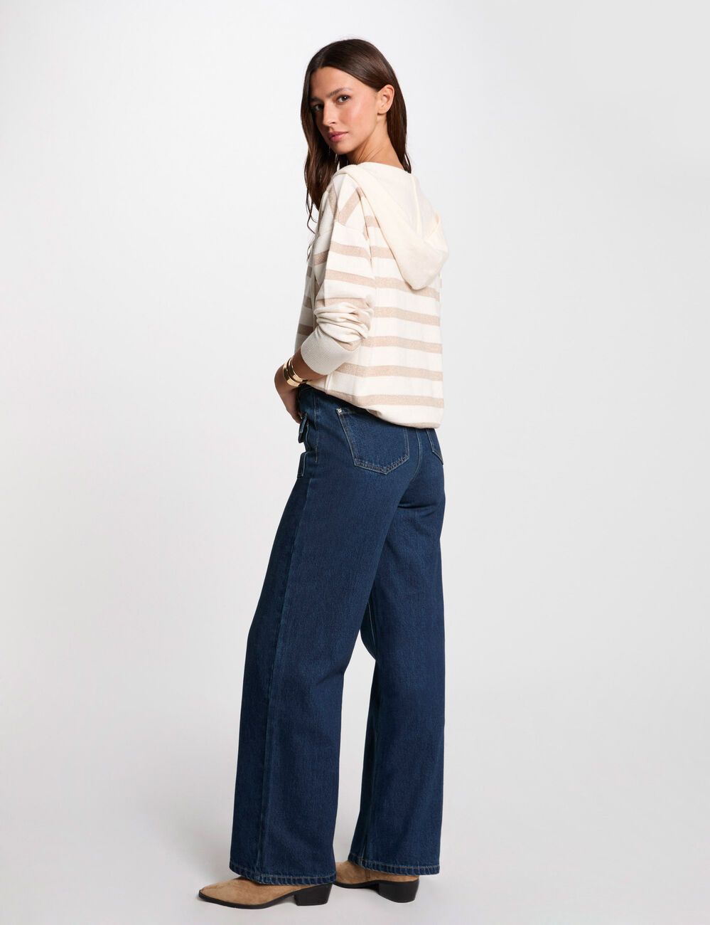 Pullover mit V-Kragen und Kapuze elfenbein damen
