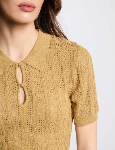 Pull col polo jaune moutarde femme