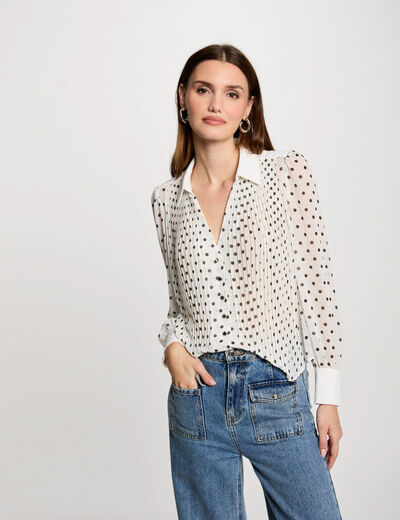 Chemise manches longues � pois blanc femme