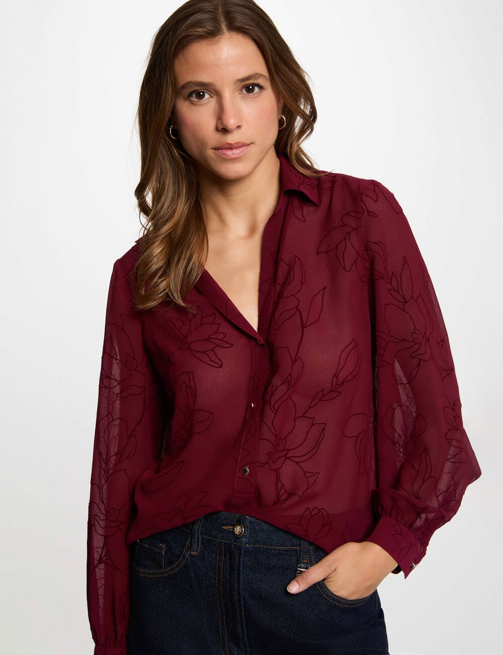 Bedrucktes Voile-Hemd bordeaux damen