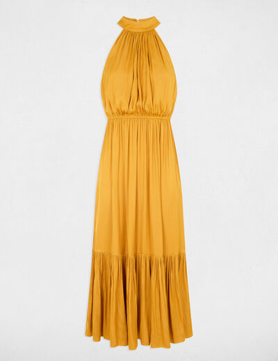 Robe longue évasée fluide jaune moutarde femme