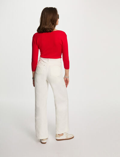 Pull col en V côtelé rouge femme