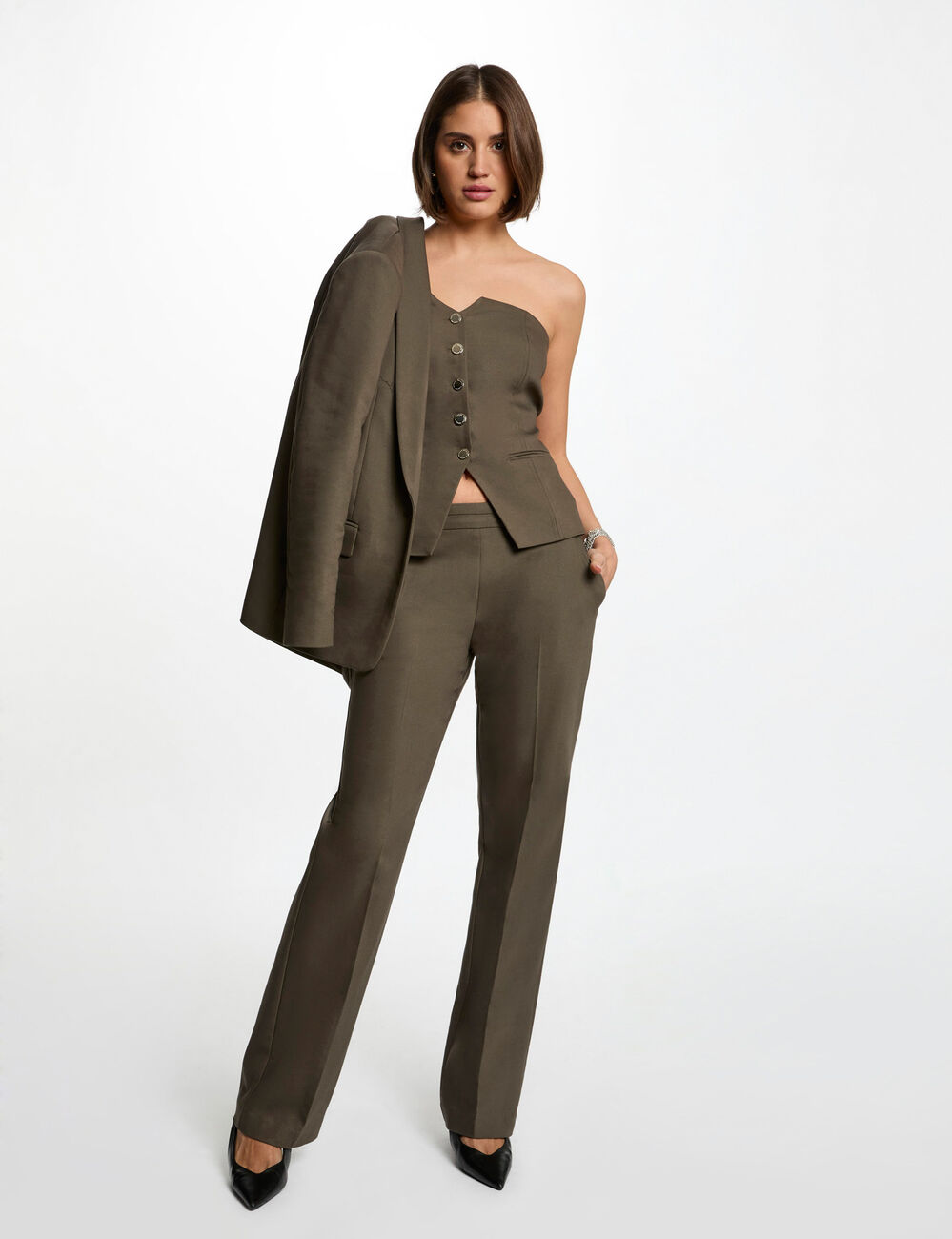 Zigarettenhose mit Abnähern khakigrün damen
