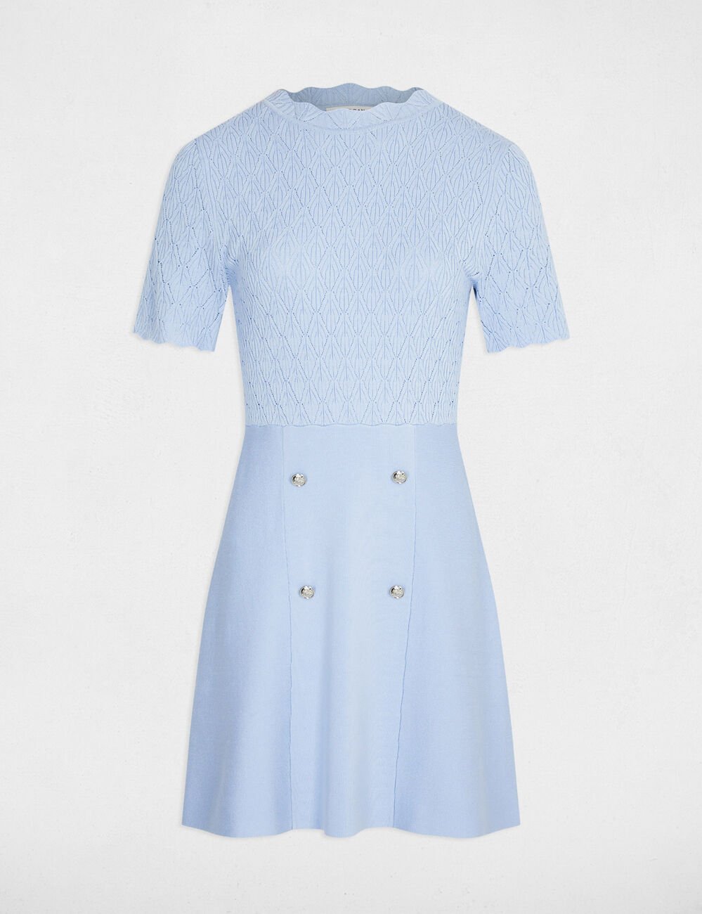Robe tricot courte col rond bleu ciel femme