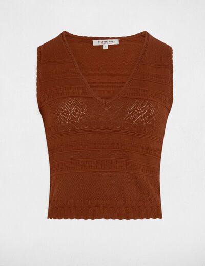 Mesh-Top mit V-Kragen cognacbraun damen