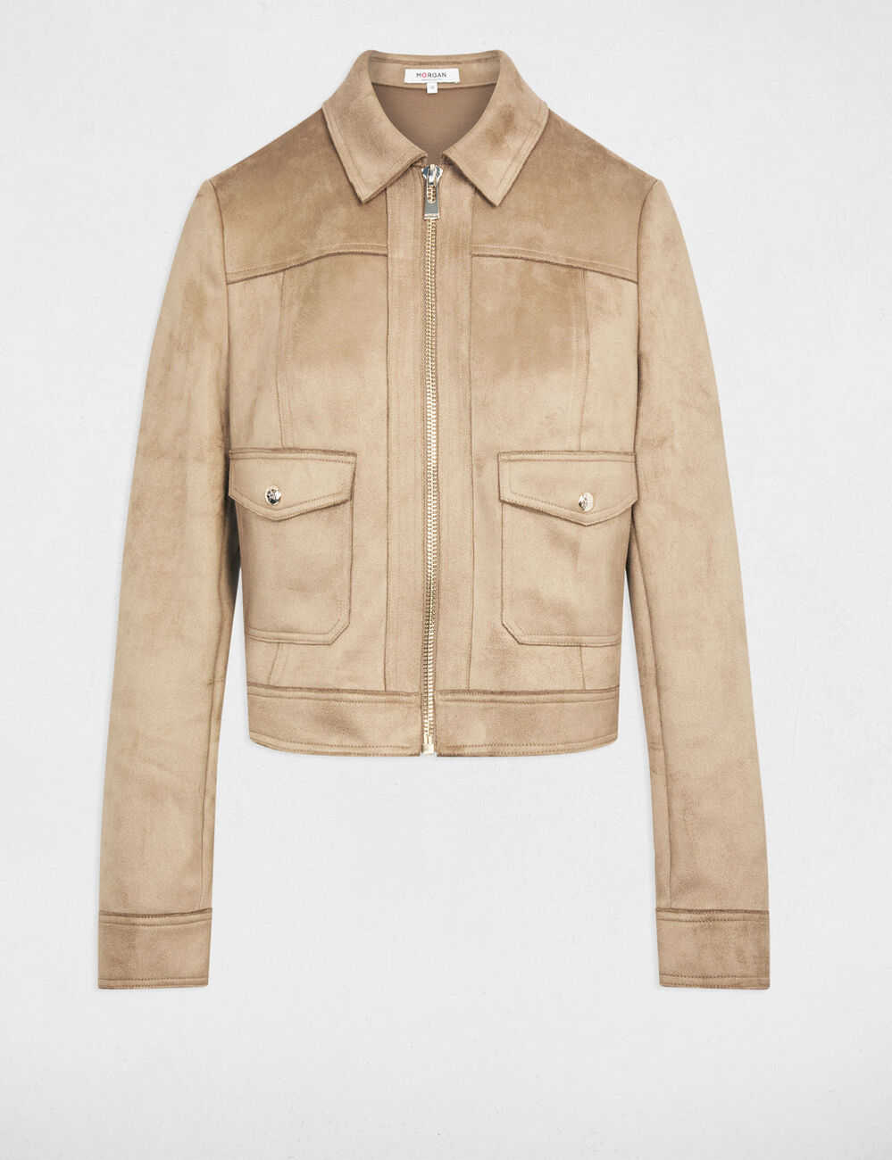 Blouson su&eacute;dine zipp&eacute; taupe femme