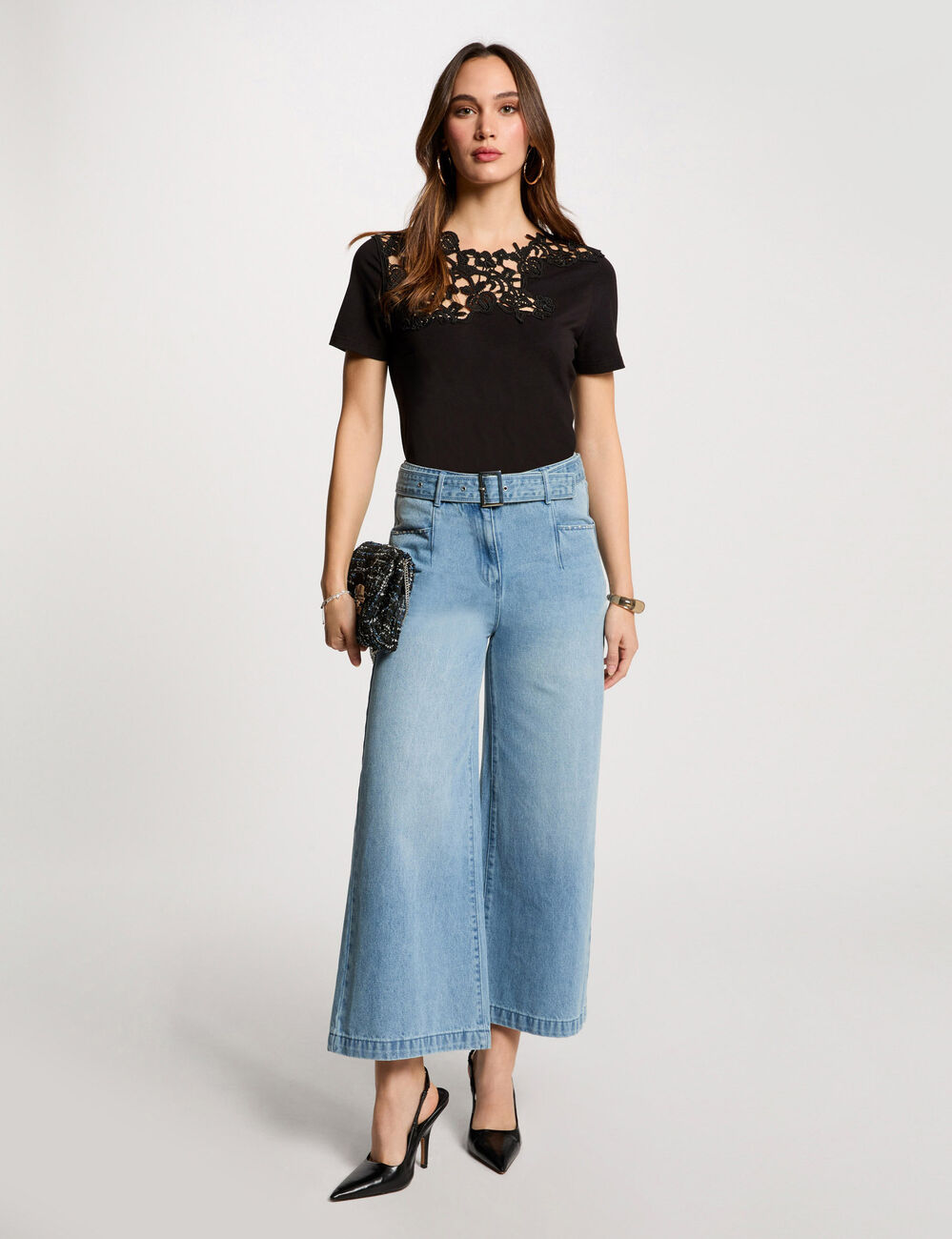 Jeans large 7/8ème ceinturé denim bleach femme