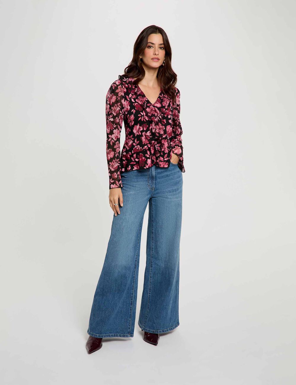 Blouse col v volants multicolore femme