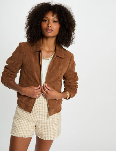 Blouson suédine marron cognac femme