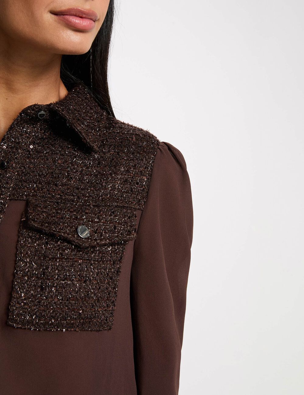 Chemise tweed col &agrave; revers marron fonc&eacute; femme