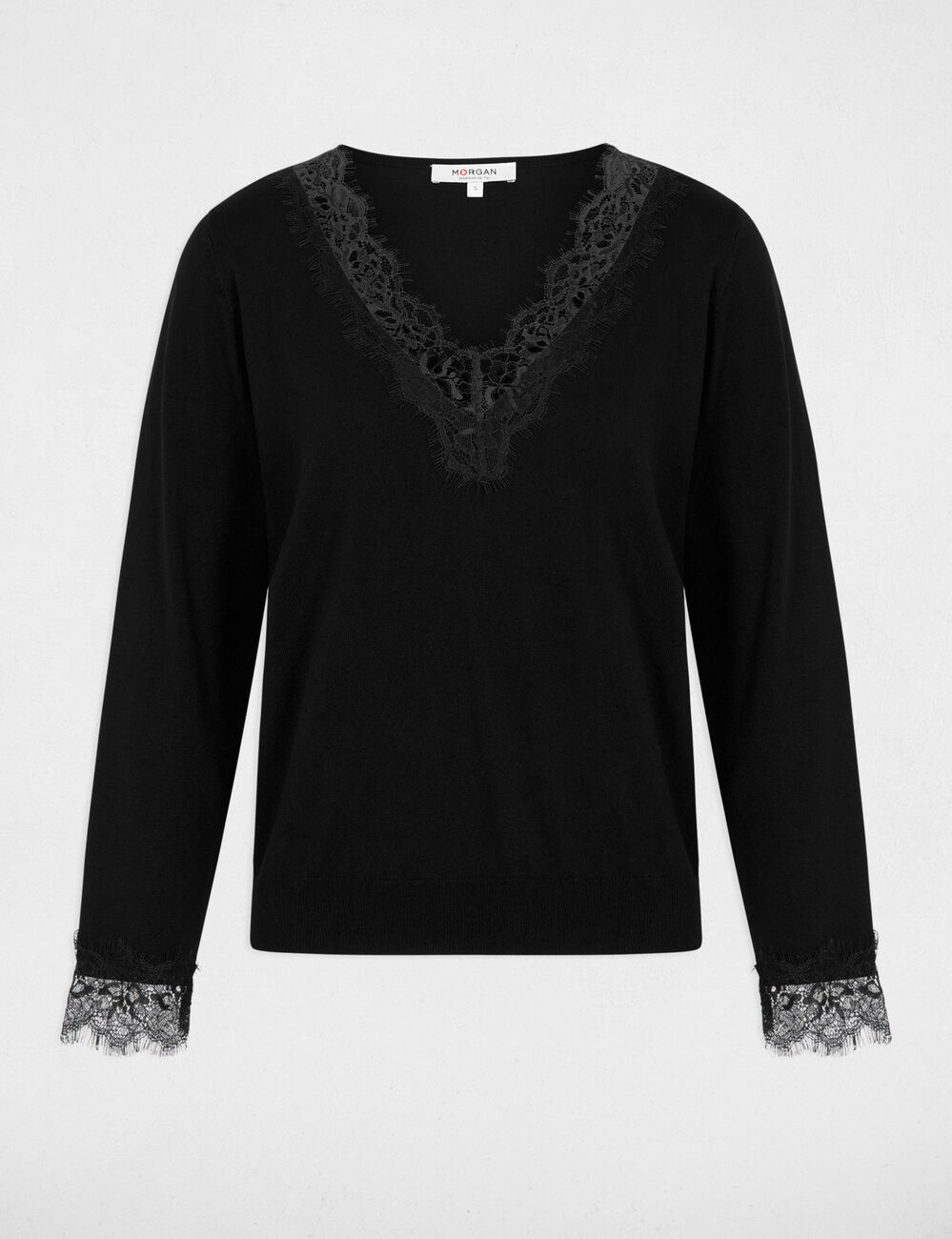 Pullover mit V-Ausschnitt und Spitze schwarz damen