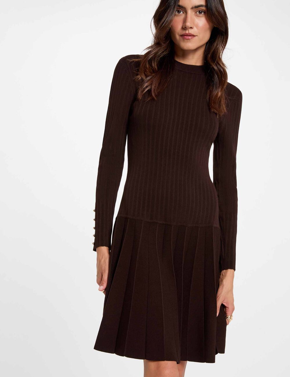 Robe tricot manches longues marron fonc&eacute; femme
