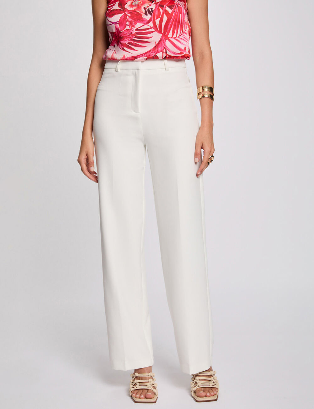 Pantalon droit à pinces blanc femme