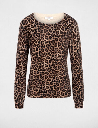 Pull col rond l&eacute;opard beige femme