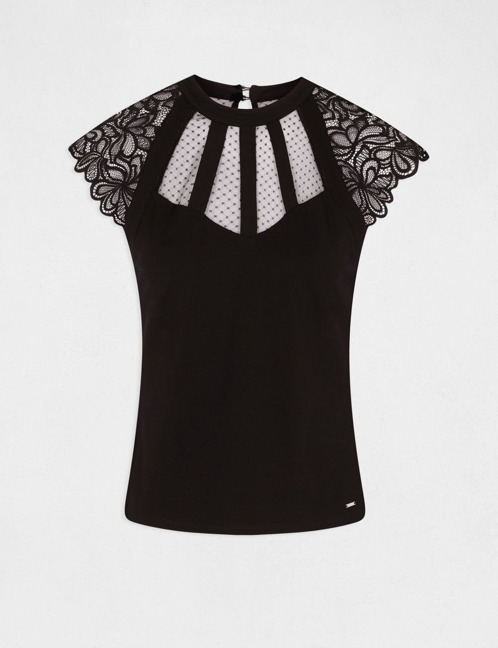 T-shirt dentelle col montant noir femme