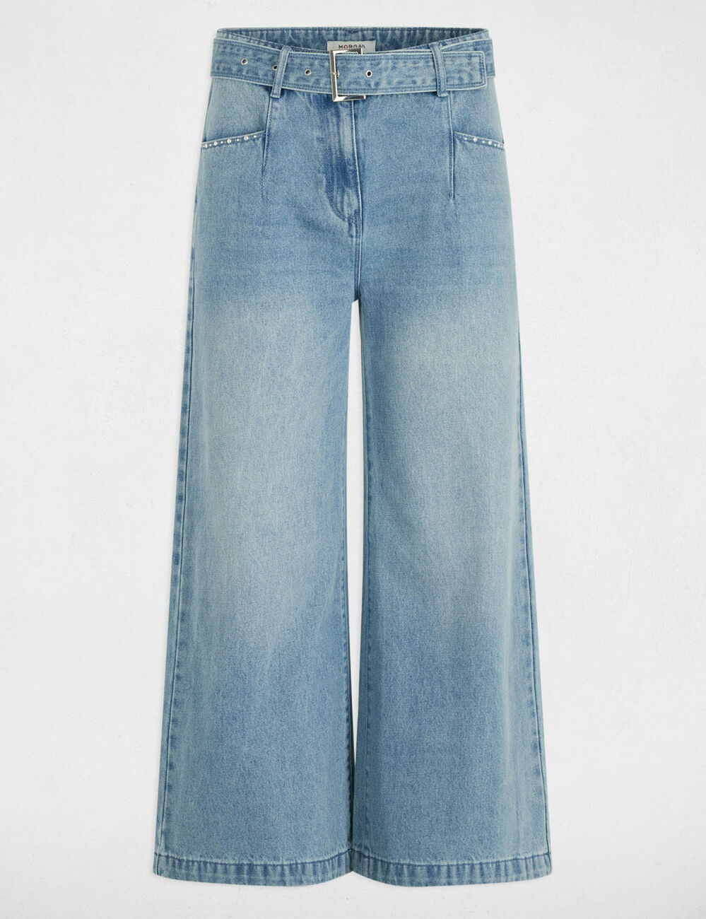 Jeans large 7/8ème ceinturé denim bleach femme