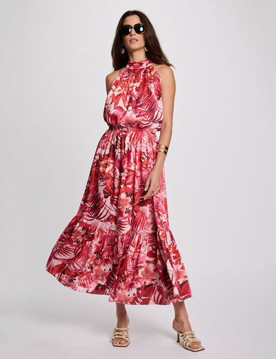 Robe satinée col montant multicolore femme