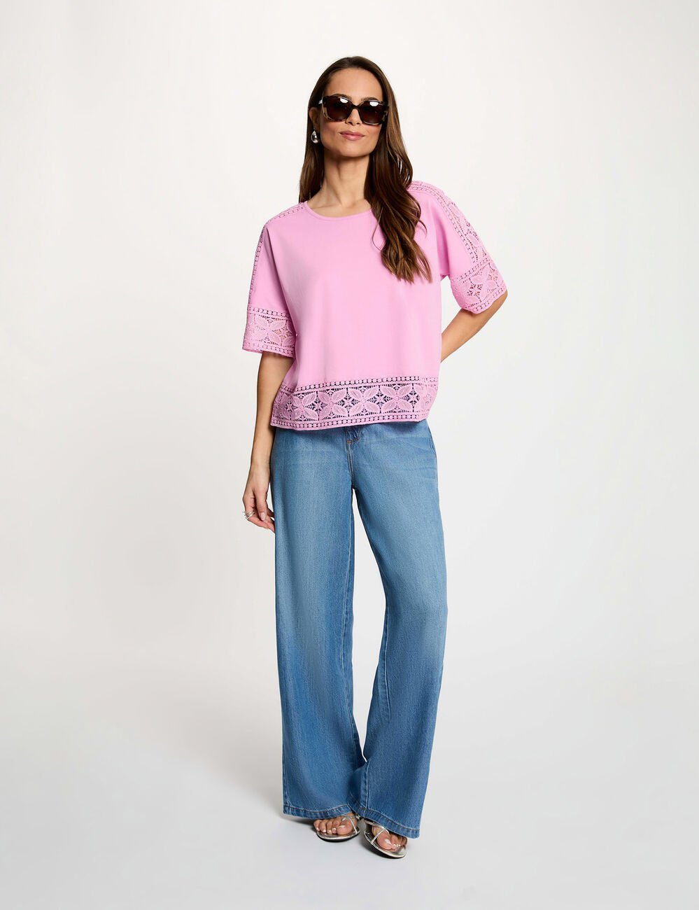 T-Shirt mit Rundhals und Spitze rosa damen