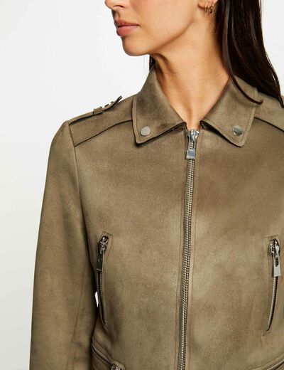 Blouson droit aspect suédine vert kaki femme