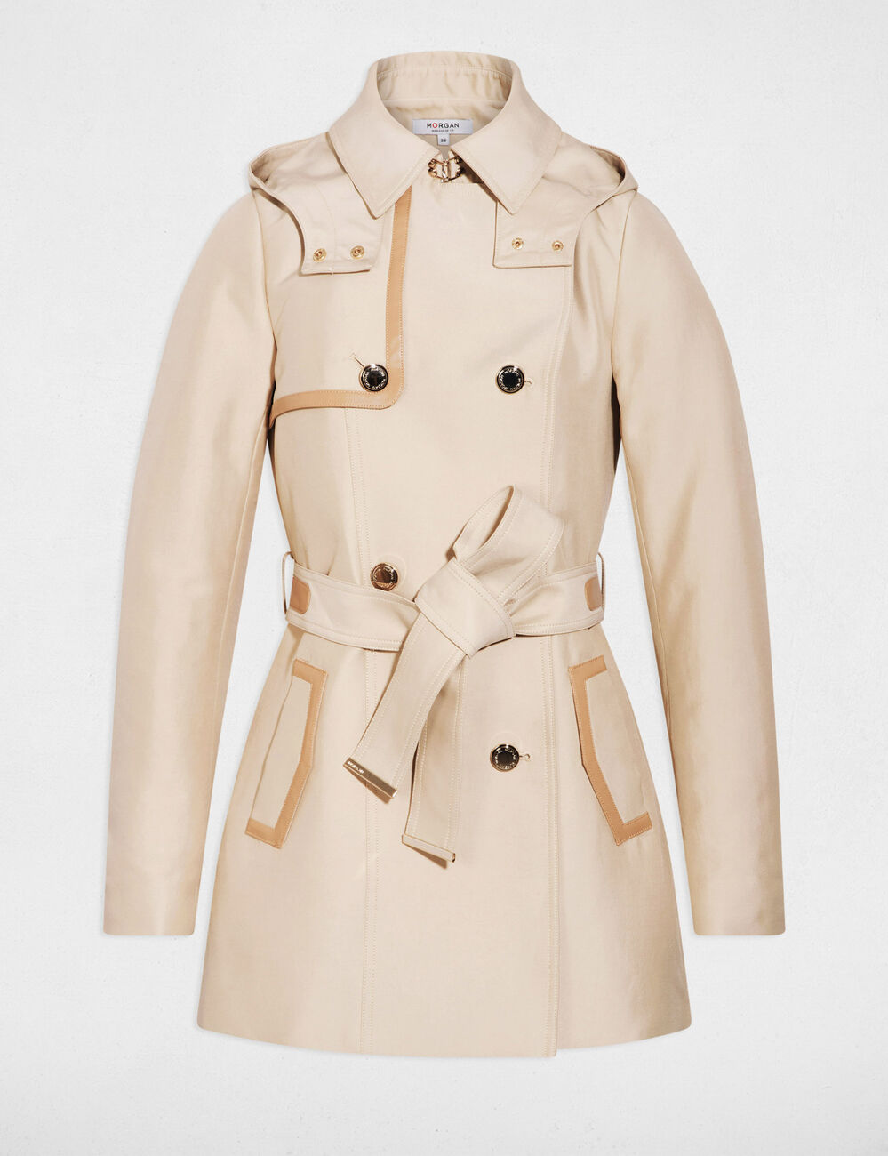 Trench mi-long &agrave; capuche beige femme