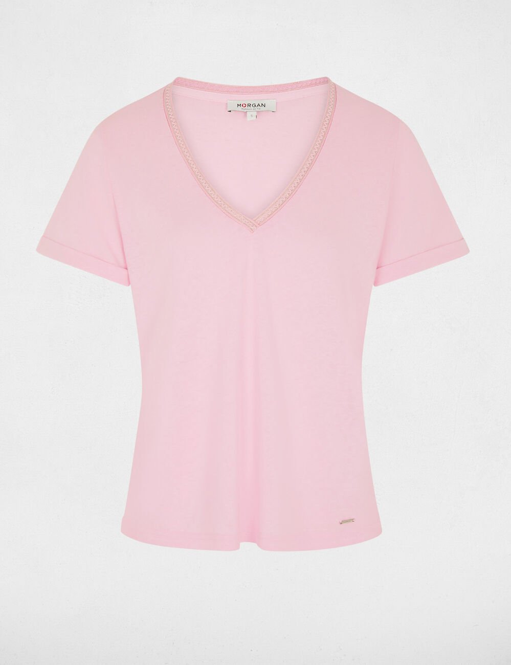 T-shirt col v perl&eacute; rose femme