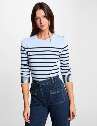 Pull manches longues à rayures bleu ciel femme