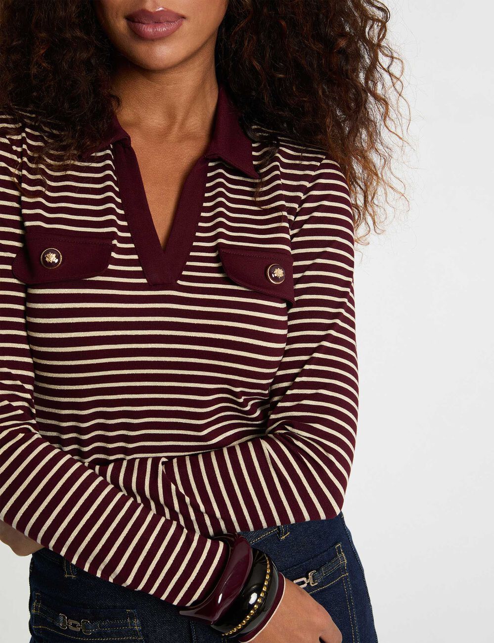 Gestreiftes Langarm-Polo bordeaux damen