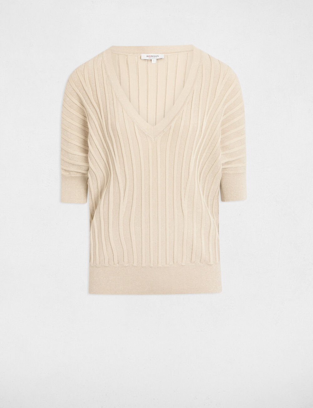 Pull manches 3/4 col en V sable femme