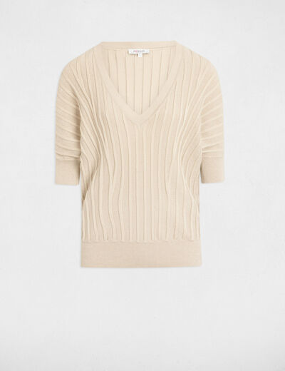 Pull manches 3/4 col en V sable femme