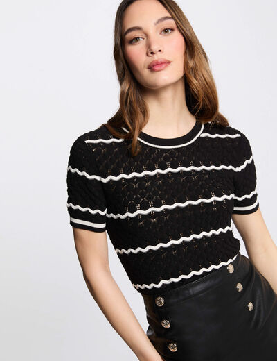 Gestreifter Pullover mit kurzen Ärmeln schwarz damen
