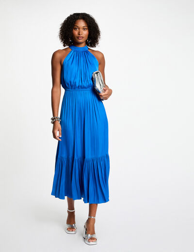 Robe longue évasée fluide bleu electrique femme