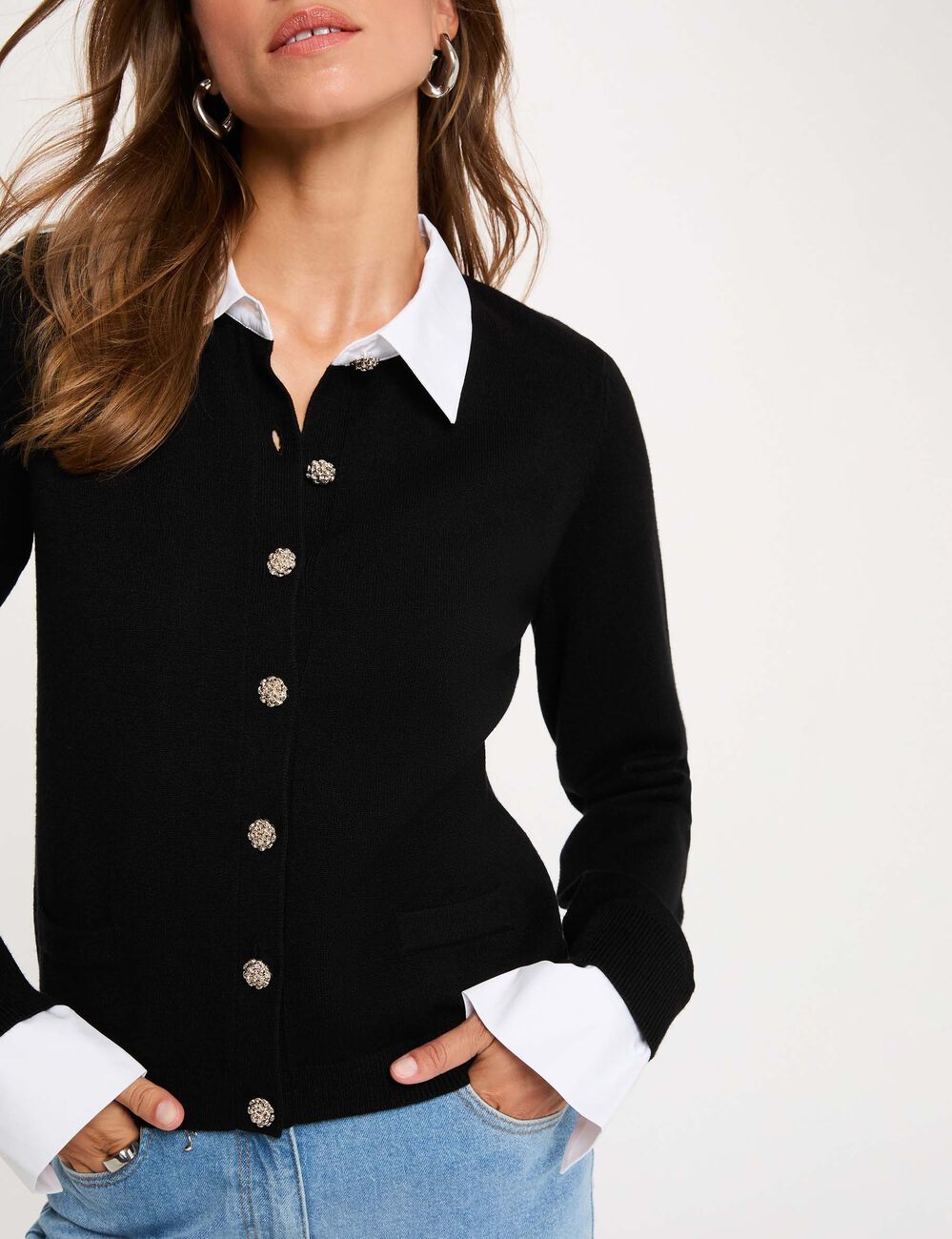 Strickjacke mit Hemdkragen schwarz damen