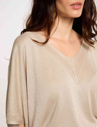 Kurzarm-Pullover mit V-Kragen sandfarben damen