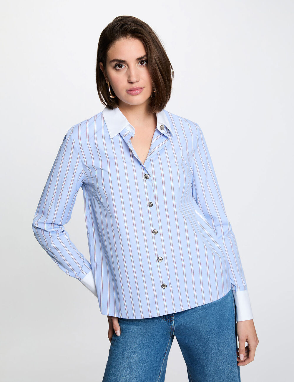 Gestreiftes Hemd mit Kontrastkragen himmelblau damen