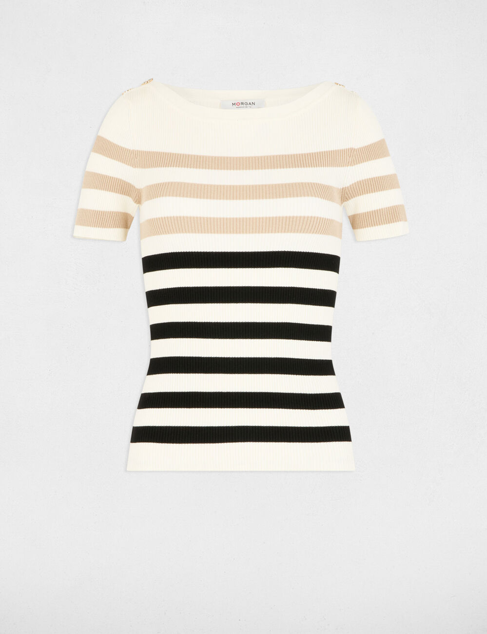 Kurzärmliger, gestreifter Pullover elfenbein damen