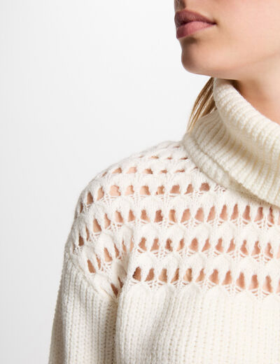 Pull col roulé manches longues ecru femme