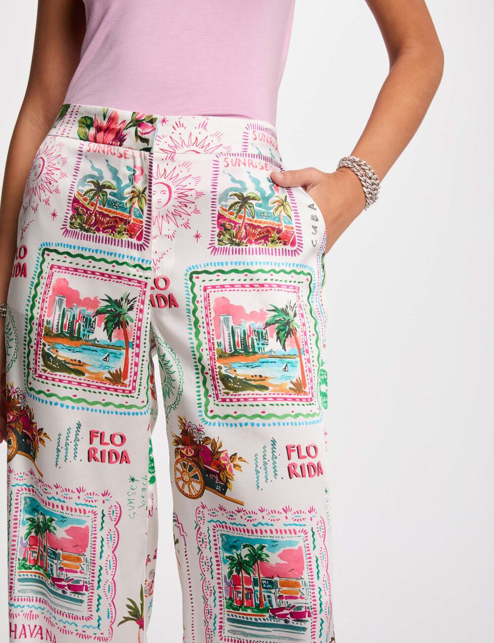 Pantalon large imprimé multicolore femme