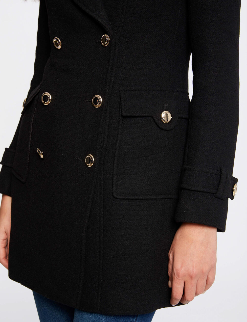 Manteau droit boutonn&eacute; noir femme