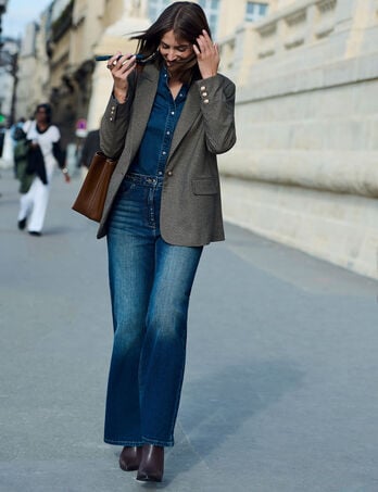 Weit geschnittene hochgeschnittene Hose stone denim damen