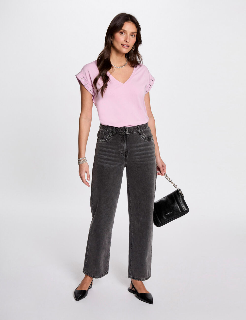 Kurzarm-T-Shirt mit Nietenärmeln pastellrosa damen