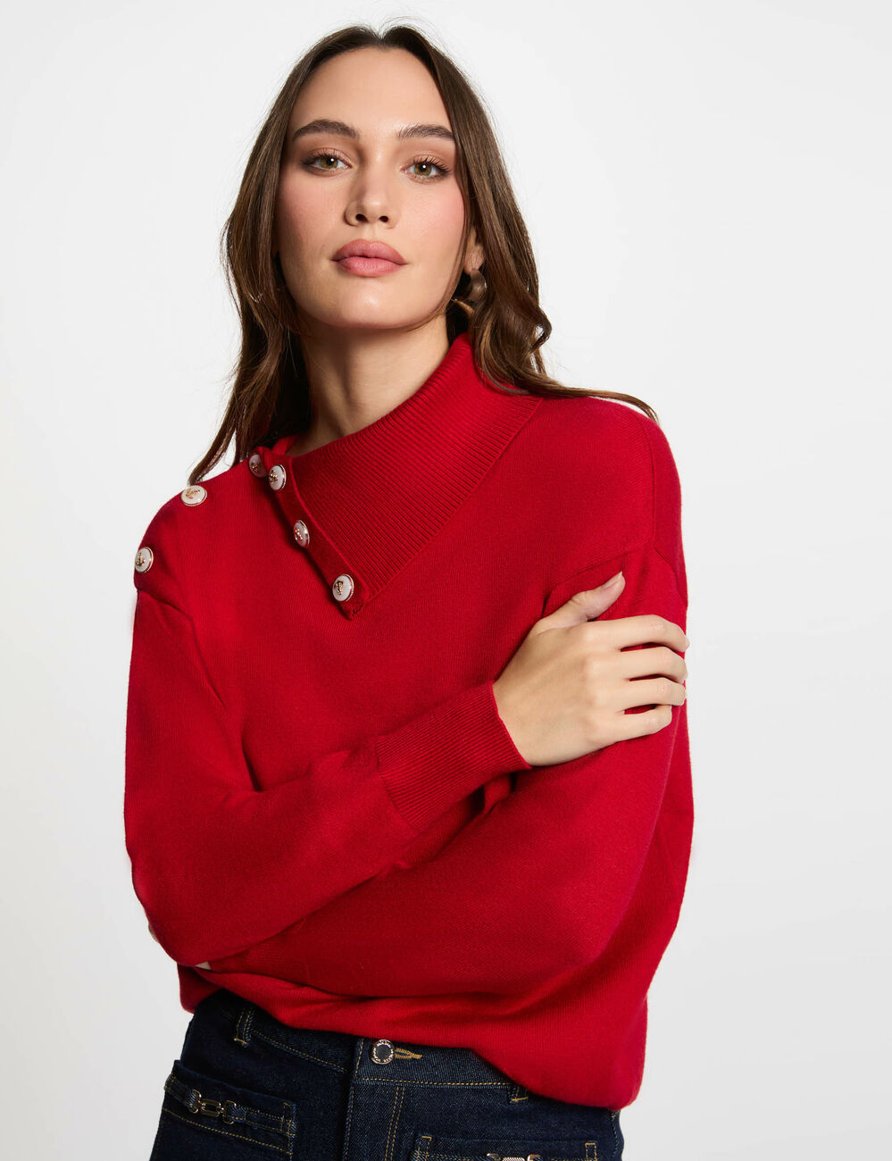Pullover mit Reverskragen und Knöpfen rot damen