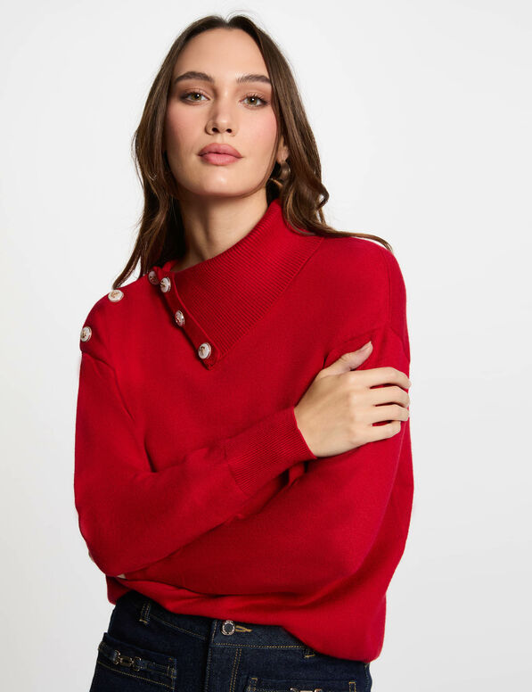 pullover mit reverskragen und knopfen rot damen Pullover mit Reverskragen und Knöpfen rot damen
