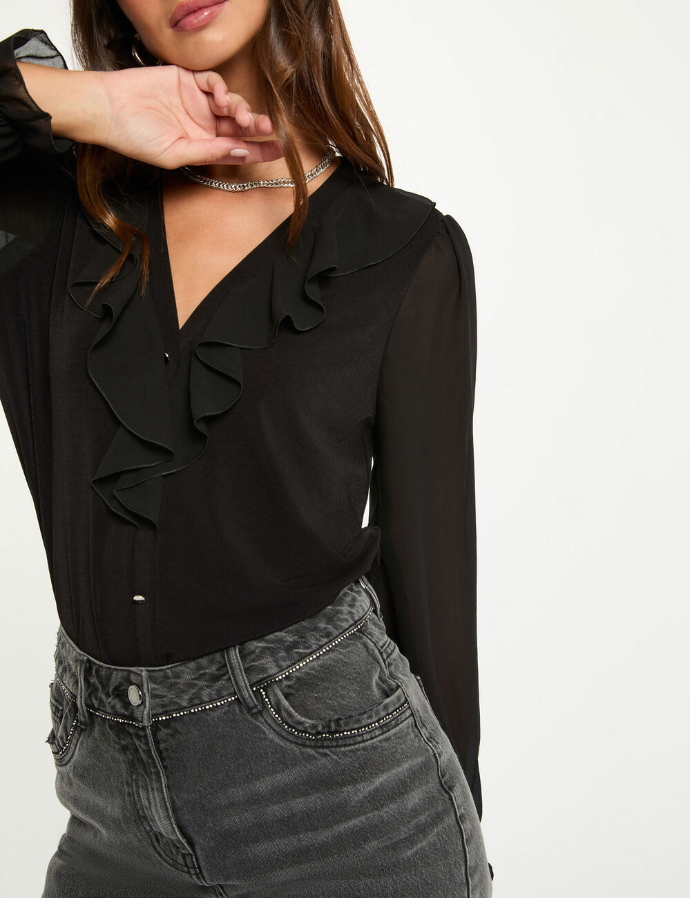 T-Shirt aus Voile mit V-Ausschnitt schwarz damen