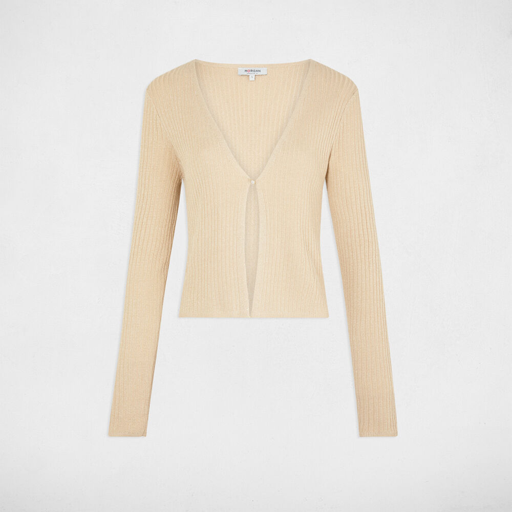Gilet manches longues col en V jaune or femme