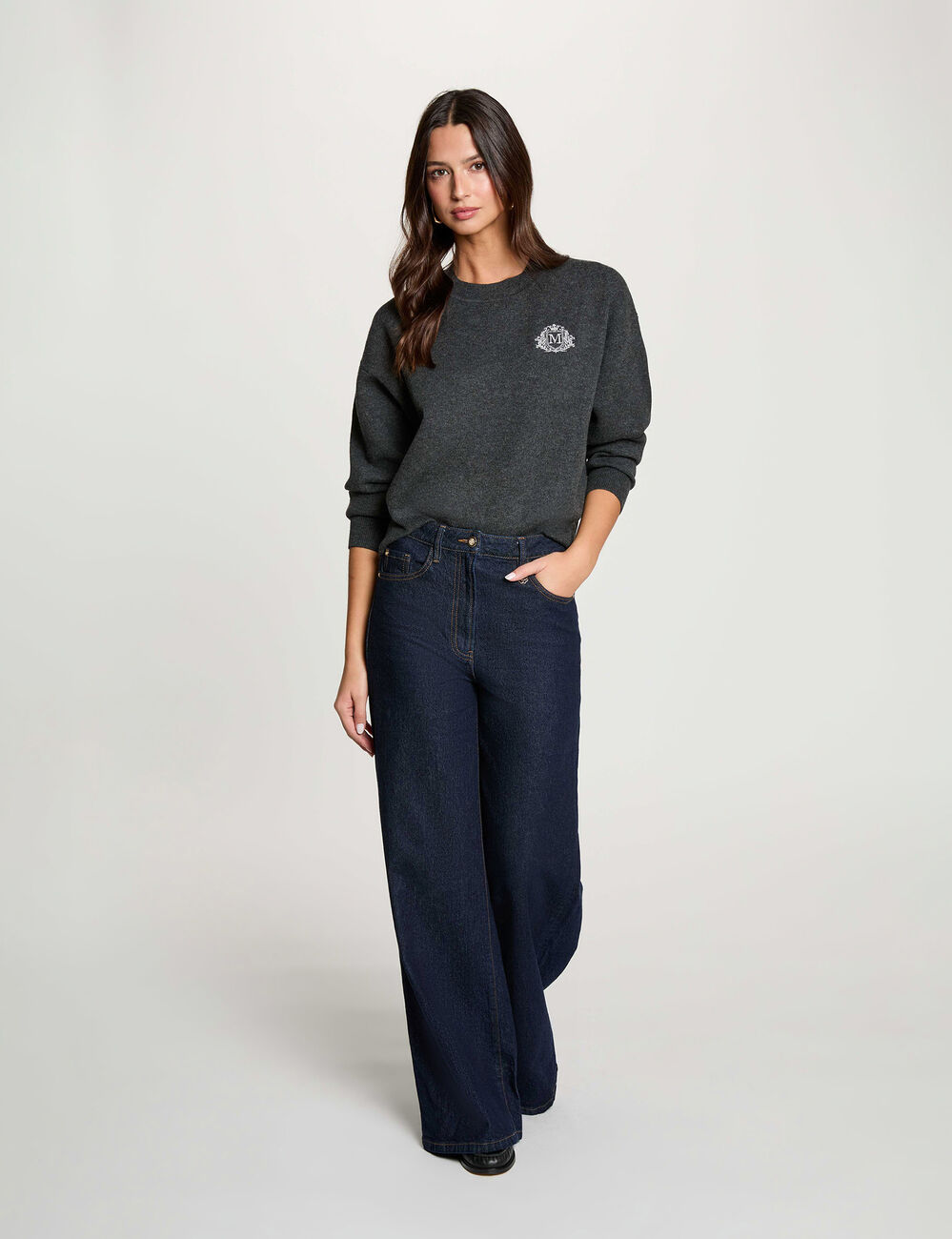 Pull col rond gris fonc&eacute; femme
